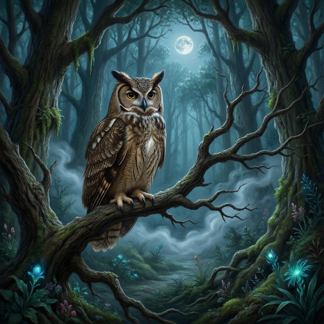 A majestic owl with ancient, knowing eyes perched on a gnarled branch within an ethereal forest. Moonlight filters through the dense canopy, illuminating swirling mists and glowing flora. The scene evokes a sense of deep mystery and ancient magic. Rendered in the style of magical realism with rich oil painting textures. — Qwen Image 3.0