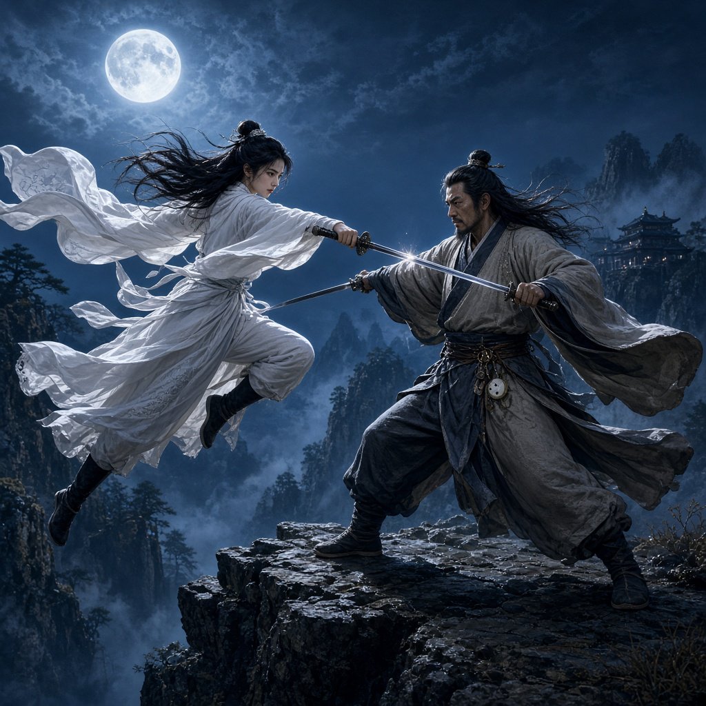 Frontal cinematic shot of two adult martial artists dueling on a cliff at night in ancient China: a female swordswoman in flowing white hanfu is airborne in a dynamic combat pose, thrusting her sword forward, while a male swordsman in traditional Taoist robes firmly parries her attack with his own blade. Moonlit night, wind sweeping their garments and hair, dramatic cliffside setting, tense face-off, elegant wuxia atmosphere, vivid motion, visually striking. — Grok Imagine Image 2