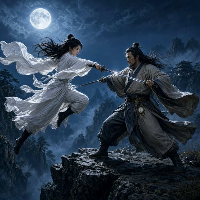 Frontal cinematic shot of two adult martial artists dueling on a cliff at night in ancient China: a female swordswoman in flowing white hanfu is airborne in a dynamic combat pose, thrusting her sword forward, while a male swordsman in traditional Taoist robes firmly parries her attack with his own blade. Moonlit night, wind sweeping their garments and hair, dramatic cliffside setting, tense face-off, elegant wuxia atmosphere, vivid motion, visually striking. — Grok Imagine Image 2