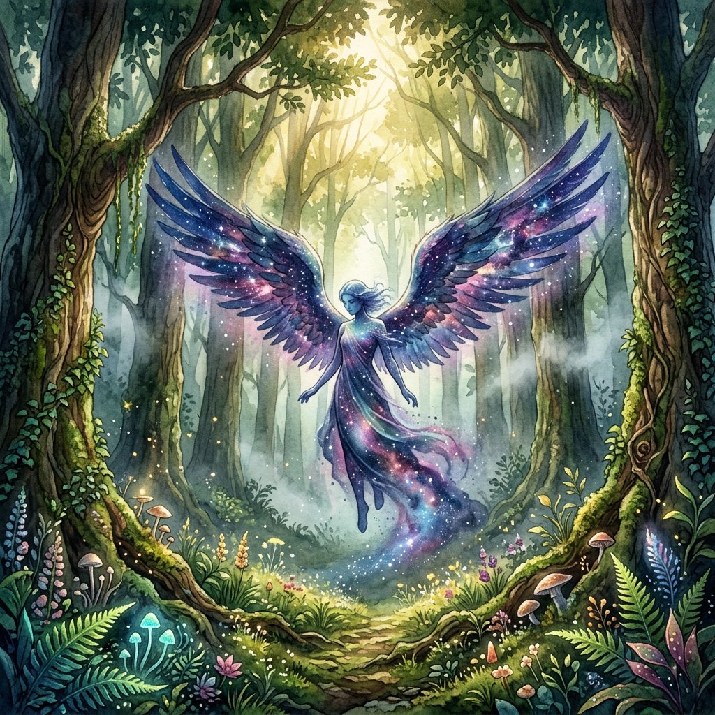 A lone angel with feathered wings, composed of swirling cosmic dust and nebulae, descends into a quiet, enchanted forest. Sunlight filters through the ancient canopy, illuminating wisps of mist and the vibrant, otherworldly plants below. The style is a fusion of hyper-detailed fantasy illustration and soft watercolor techniques, with the polished finish of concept art. — Nano Banana 2.1