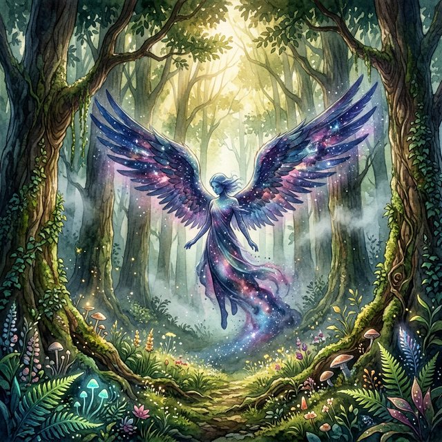 A lone angel with feathered wings, composed of swirling cosmic dust and nebulae, descends into a quiet, enchanted forest. Sunlight filters through the ancient canopy, illuminating wisps of mist and the vibrant, otherworldly plants below. The style is a fusion of hyper-detailed fantasy illustration and soft watercolor techniques, with the polished finish of concept art. — Nano Banana 2.1