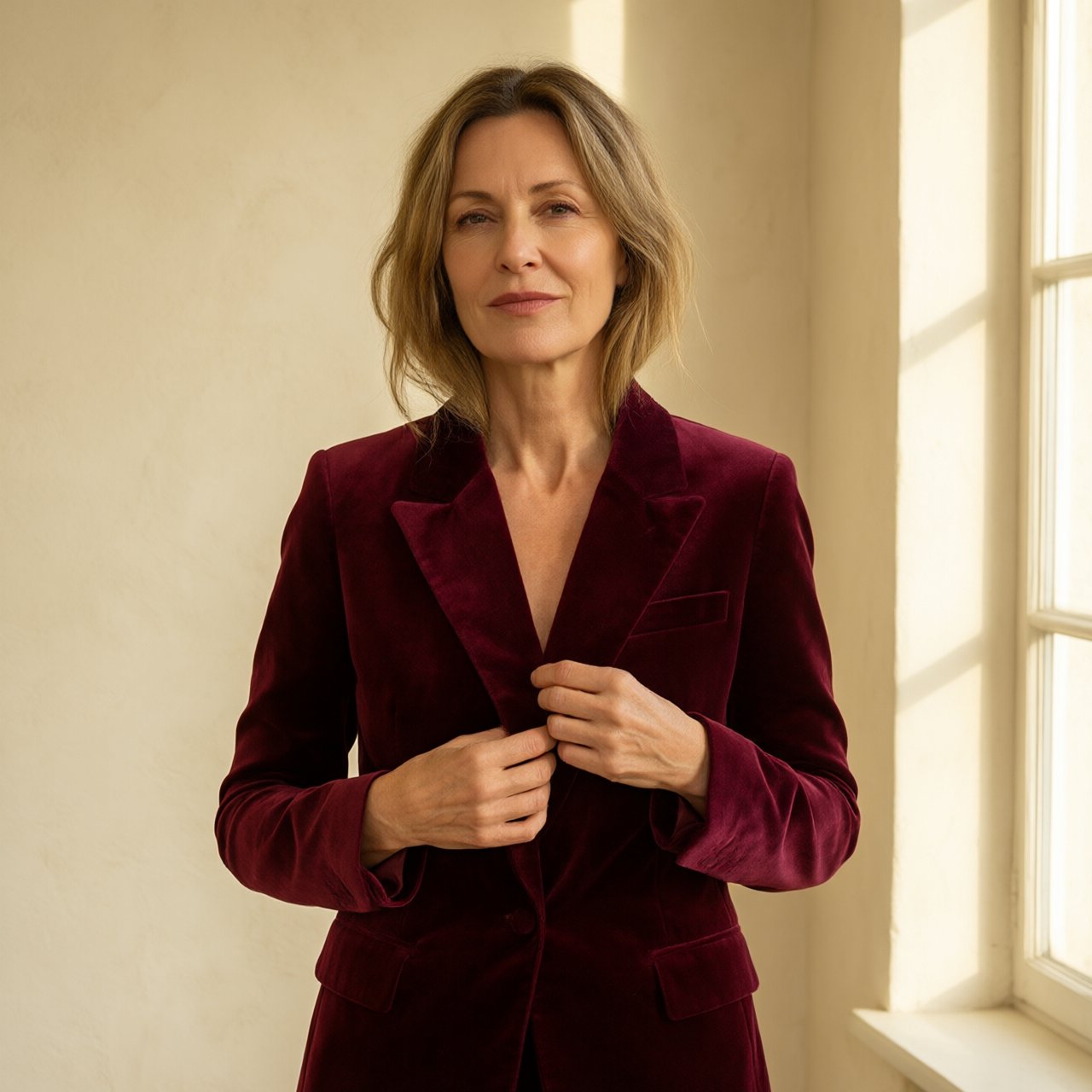 Fashion portrait of an adult woman in her early 50s wearing a sculptural burgundy velvet jacket, her hands lightly gathering its lapel. A wry, composed expression meets the camera against a warm ivory plaster backdrop, lit by soft late-afternoon window glow. — Qwen Image 3.0