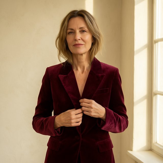 Fashion portrait of an adult woman in her early 50s wearing a sculptural burgundy velvet jacket, her hands lightly gathering its lapel. A wry, composed expression meets the camera against a warm ivory plaster backdrop, lit by soft late-afternoon window glow. — Qwen Image 3.0