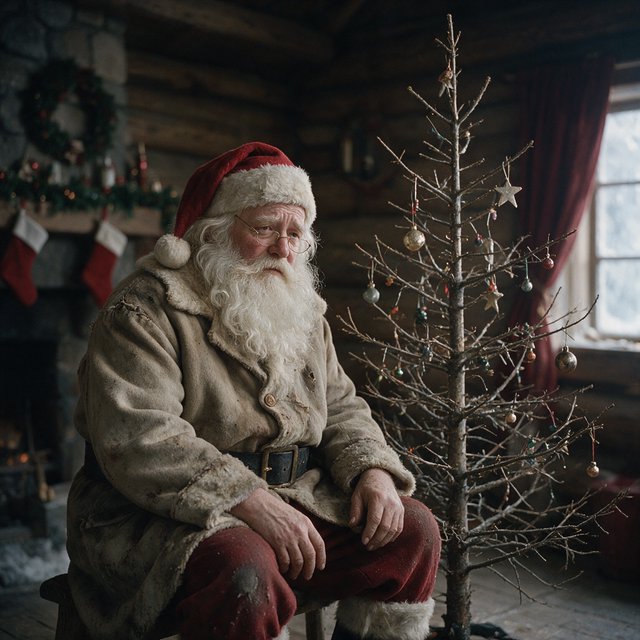 A melancholic, somewhat disheveled Santa Claus in a worn, dirty coat. He sits in his cabin at the North Pole next to a desolate, needleless Christmas tree, its decorations hanging only sporadically. The aura radiates a quiet despair. — Seedream 5.0 Pro