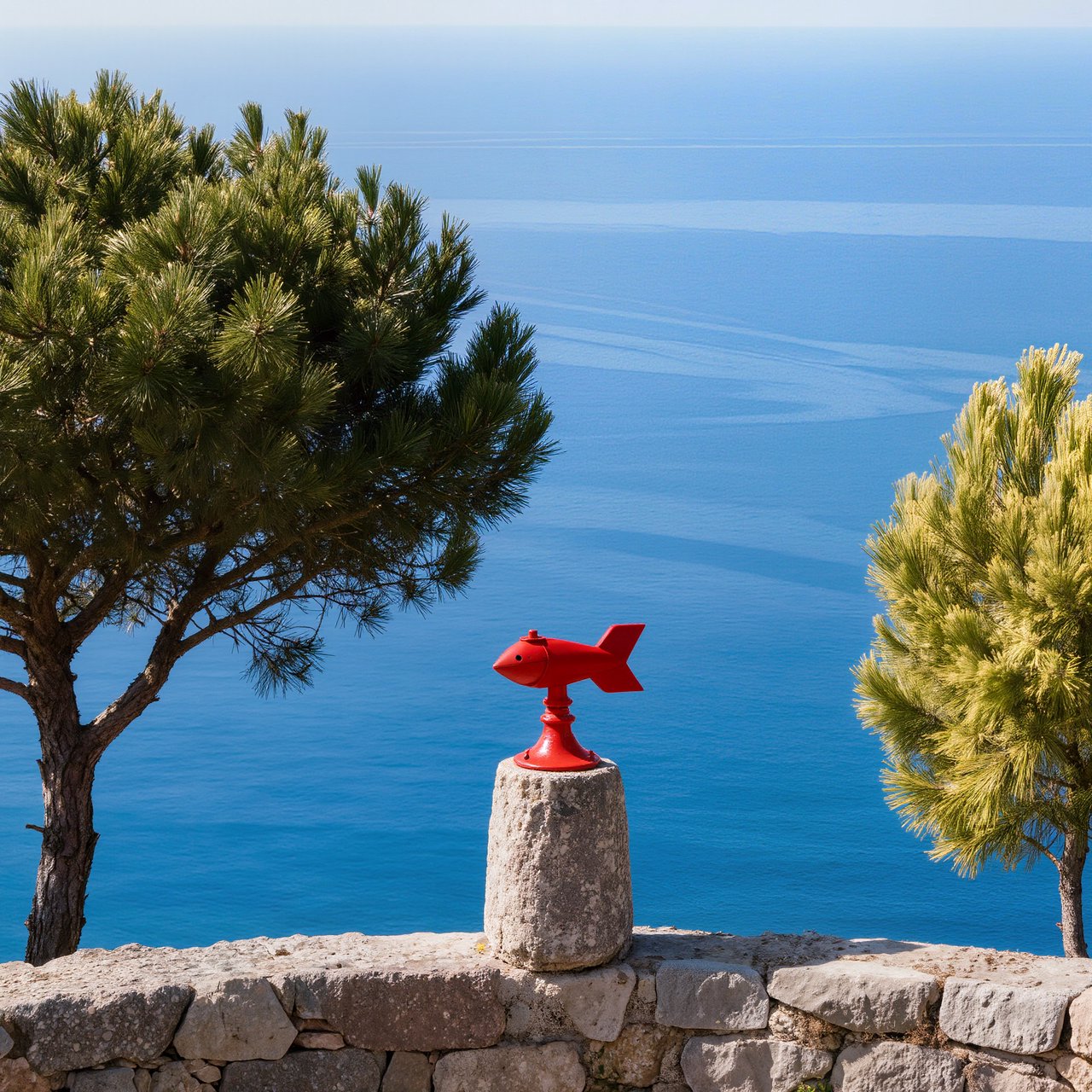 At a coastal overlook, a small red weather vane stands on a stone post. Exactly two dark-green pine trees line the left edge and one pale-green pine tree stands at the right edge; a blue sea fills the background, nothing else. — Kling v3