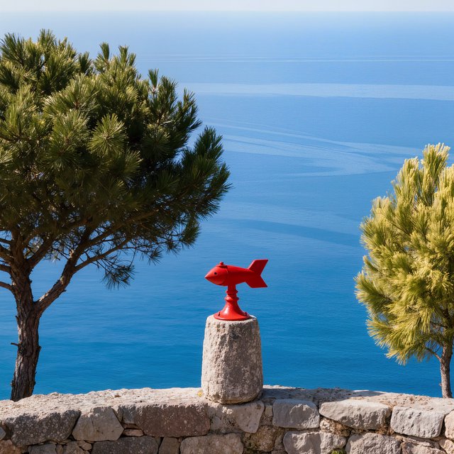 At a coastal overlook, a small red weather vane stands on a stone post. Exactly two dark-green pine trees line the left edge and one pale-green pine tree stands at the right edge; a blue sea fills the background, nothing else. — Model 9