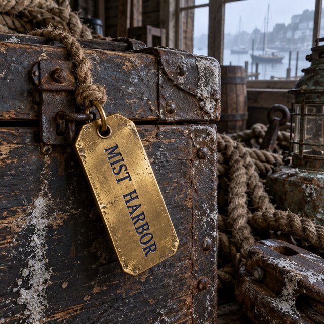 A brass luggage tag hangs from a weathered sea chest in a harbor loft, its face bearing “MIST HARBOR” in deeply stamped blue capitals; ropes and salt-crusted fittings surround it, with no other writing visible. — GPT Image 2.5 Sunburst