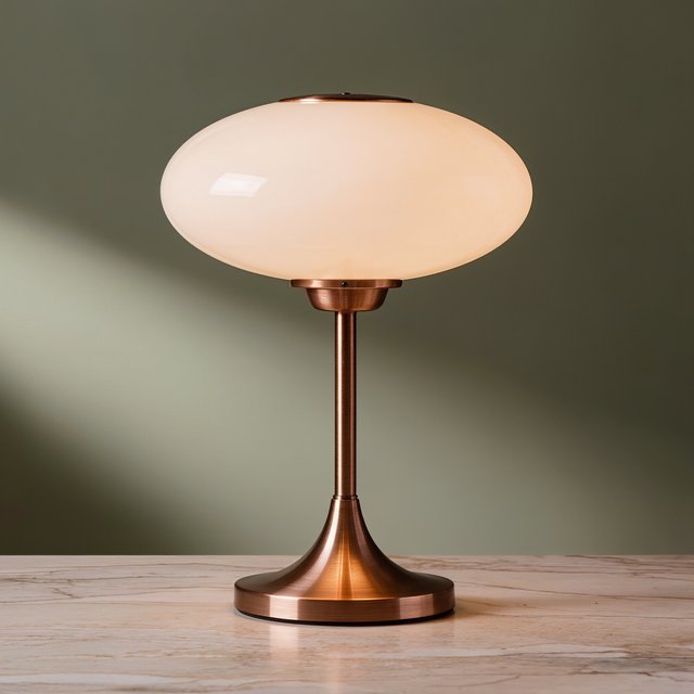 Commercial product photograph of an unbranded sculptural desk lamp with a frosted opal glass globe and brushed copper stem, standing on a pale travertine surface against a muted sage background, illuminated by soft overhead diffusion and a delicate warm rim light. — Kling v3