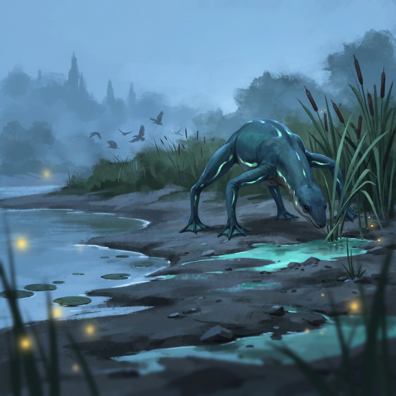 Creature design: a six-legged amphibious grazer with bioluminescent markings, shown on a riverbank, painterly. — Ideogram v4