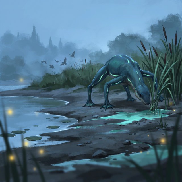Creature design: a six-legged amphibious grazer with bioluminescent markings, shown on a riverbank, painterly. — Ideogram v4