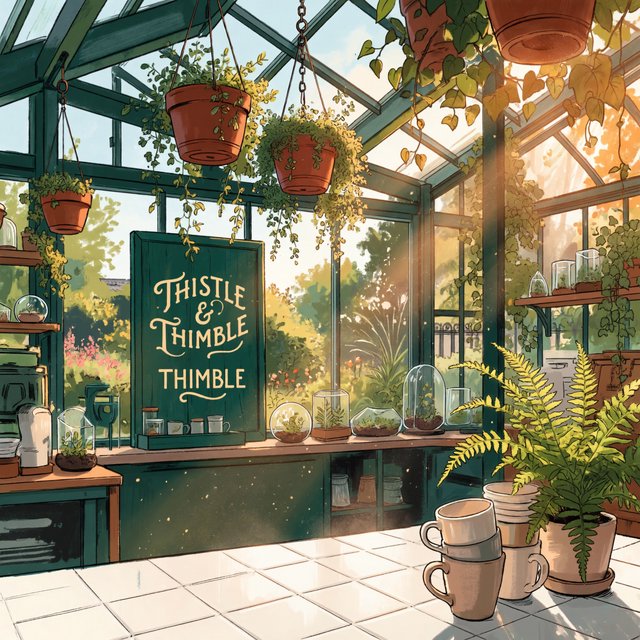 At a neighborhood greenhouse café, sunlight filters through hanging herbs above a tiled counter; "THISTLE & THIMBLE" is painted in hand-lettered cream script across a deep green wooden menu board. — ImagineArt 2
