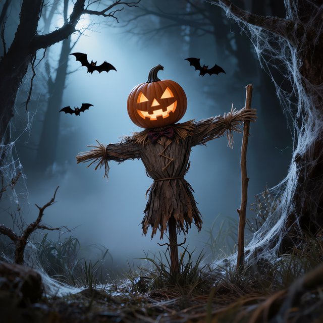 Chiaroscuro contrast, inner-lit glows, dense central detail fading into haze and velvety darkness. A pumpkin-headed scarecrow with a jack-o-lantern face, glowing eyes, stitched grin, bow tie, bark torso, and wooden staff stands in a night forest clearing with dry grass, cobwebs, bats, bare branches, — Model 9