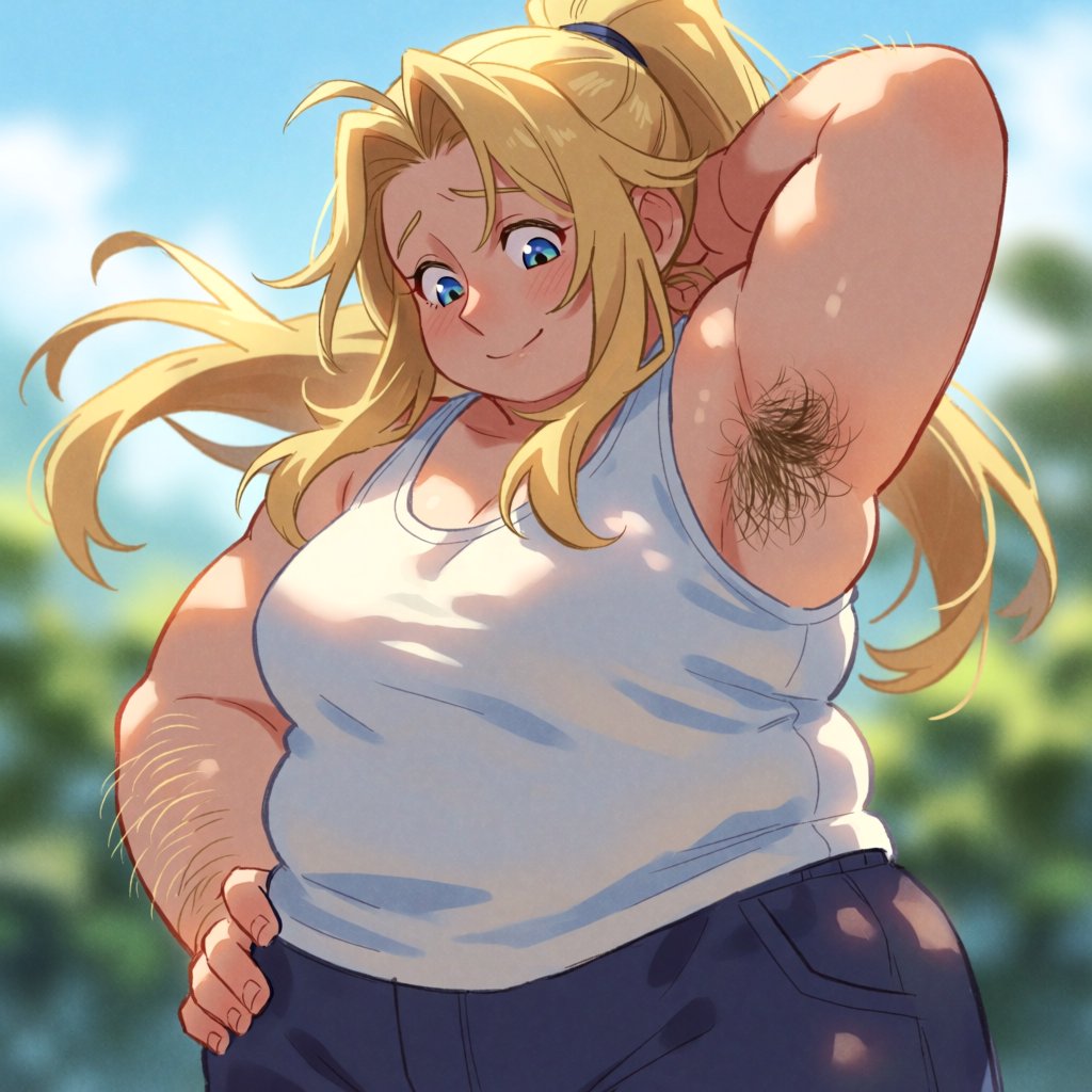 A vibrant medium shot of Cheyenne observing her armpit hair, her long blonde hair bouncing around her face, her blue eyes glimmering, and a soft smile playing on her lips. She is a 23-year-old adult with a very chubby body, a pointy nose, and thin blonde hairs on both forearms. She wears her signature white tank top and baggy shorts, standing against a backdrop of lush greenery and a sunny sky, with sunlight glimmering on her. — Krea 2 Medium