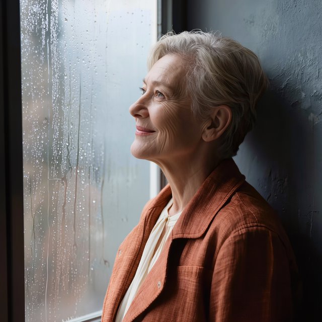 By a rain-streaked studio window, an adult woman in her early 60s turns in profile for a portrait photograph, wearing a copper-colored linen jacket over a cream cotton blouse. Her quietly amused expression rests against a muted blue-gray wall, shaped by cool, soft window light. — Kling v3