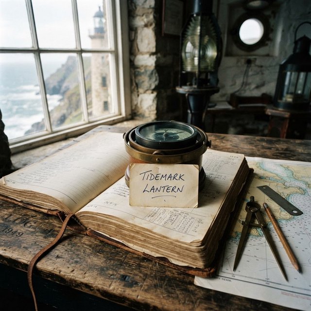 Beside a cliffside lighthouse, a salt-speckled logbook lies open on a chart table; "TIDEMARK LANTERN" is handwritten in looping dark-blue ink across a cream note tucked beneath the compass, with no other legible writing. — Nano Banana 2 Lite