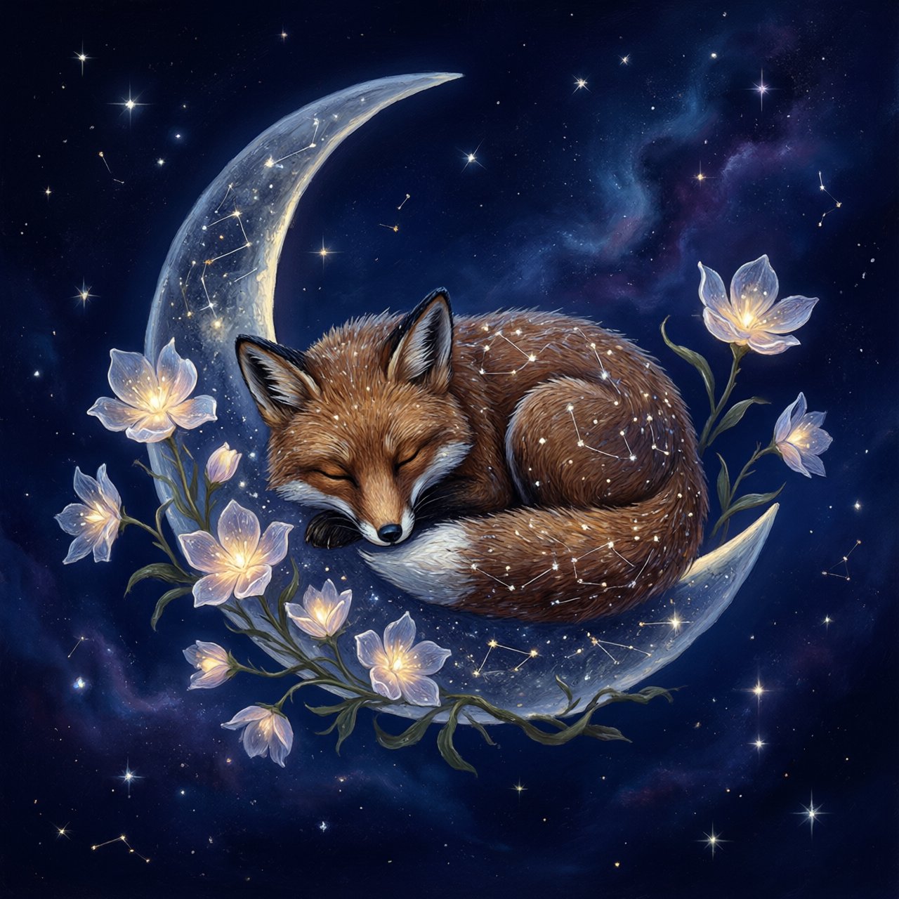A miniature, intricately detailed fox crafted from living constellations, curled asleep atop a crescent moon. Surrounding it are delicate, bioluminescent flowers that pulse with gentle light, casting intricate shadows. The background is a deep indigo sky filled with swirling nebulae and distant, twinkling stars. The overall aesthetic is dreamlike and whimsical, with a painterly finish and a touch of cosmic wonder. — Qwen Image 3.0 Pro