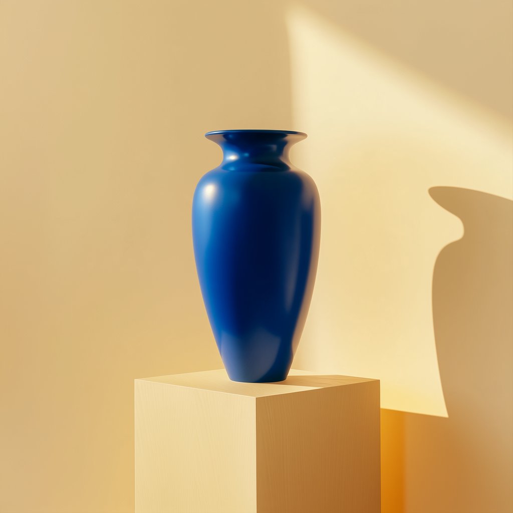 Commercial product photograph of an unbranded sculptural ceramic vase, formed from glossy cobalt porcelain, standing on a pale oak pedestal against a warm ivory background, illuminated by soft directional daylight and subtle fill. — Midjourney Niji 7