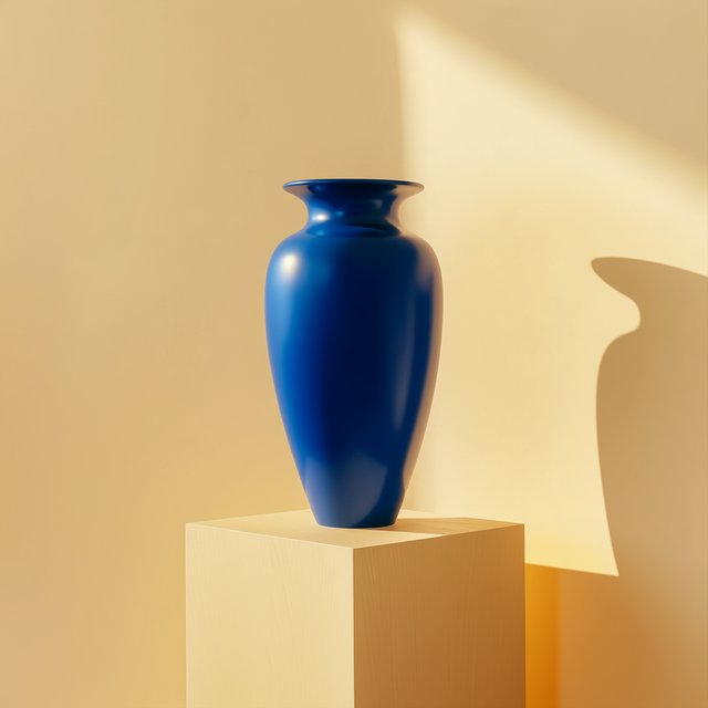 Commercial product photograph of an unbranded sculptural ceramic vase, formed from glossy cobalt porcelain, standing on a pale oak pedestal against a warm ivory background, illuminated by soft directional daylight and subtle fill. — Midjourney Niji 7