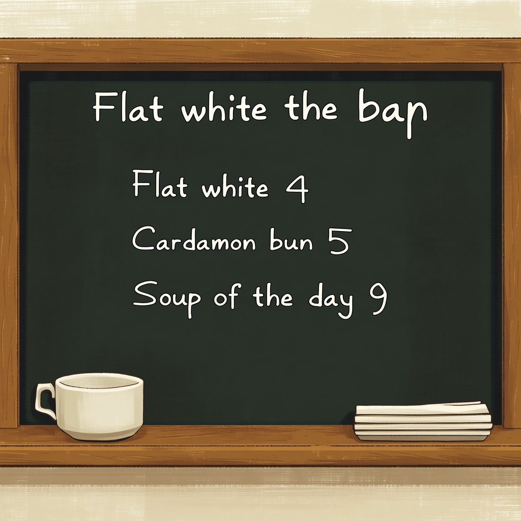 A café chalkboard listing exactly three items: "Flat white 4", "Cardamom bun 5", "Soup of the day 9", in neat chalk handwriting. — Midjourney Niji 7