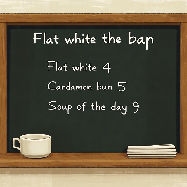 A café chalkboard listing exactly three items: "Flat white 4", "Cardamom bun 5", "Soup of the day 9", in neat chalk handwriting. — Midjourney Niji 7