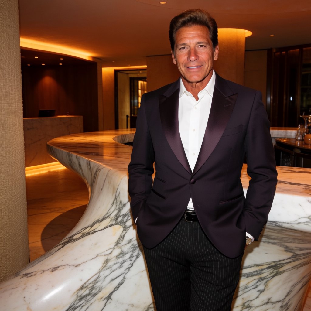 Editorial glamour photograph of an adult man in a midnight-plum dinner jacket and black trousers, standing naturally beside a sculptural marble bar in a quiet hotel lounge, flattering amber light, easy smile, polished editorial elegance. — Krea 2 Medium