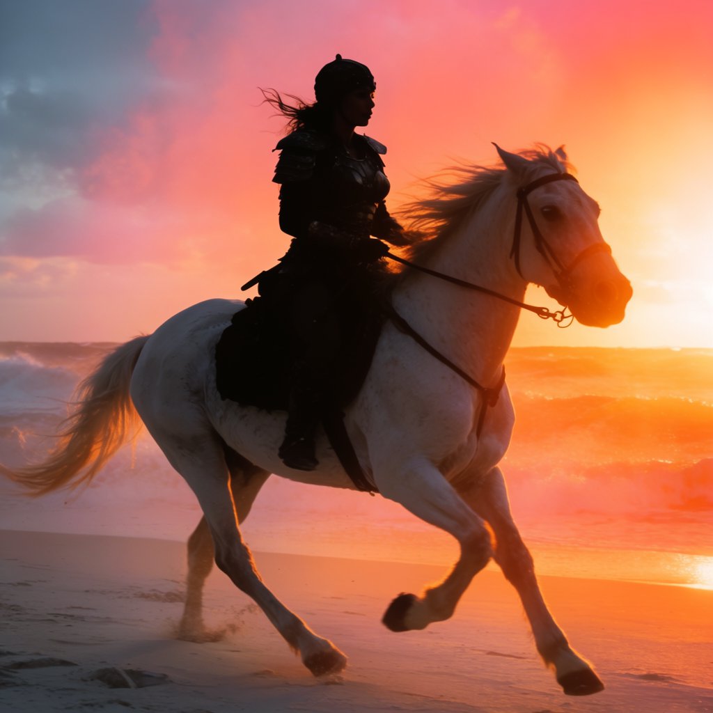 An adult female warrior on her white steed galloping along a fine-sand beach at sunset. — Krea 2 Large