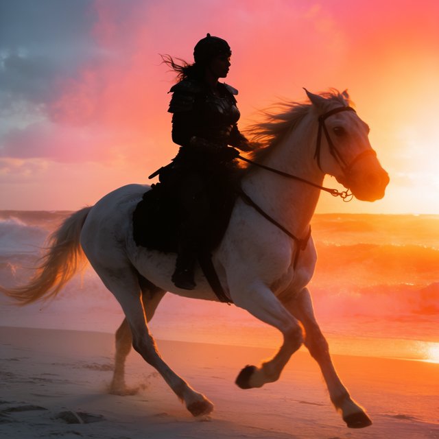 An adult female warrior on her white steed galloping along a fine-sand beach at sunset. — Krea 2 Large