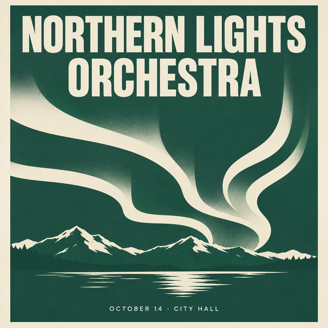 A minimalist concert poster with the words "NORTHERN LIGHTS ORCHESTRA" large at the top and "October 14 · City Hall" small at the bottom, two-colour print. — GPT Image 2.5 Sunburst