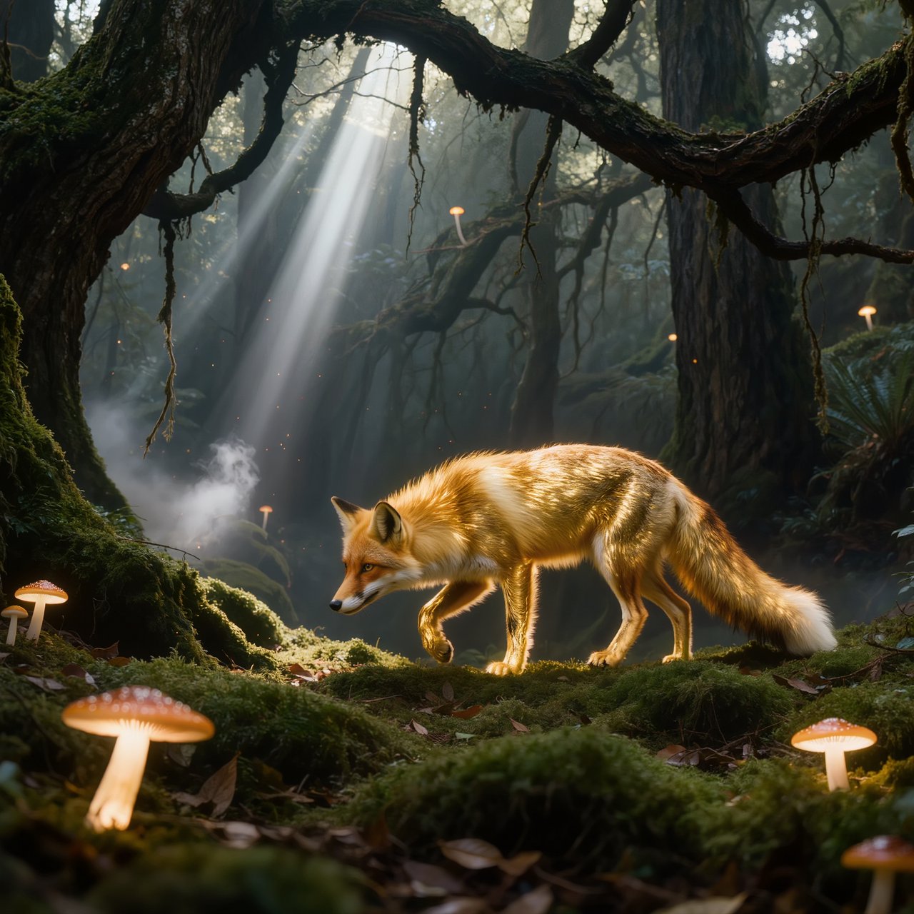 A cunning fox with fur like molten gold cautiously steps through a dense, ancient forest. Shafts of light pierce the canopy, illuminating dust motes dancing in the air. Strange, glowing mushrooms cast an otherworldly light on the moss-covered ground. The style is a blend of dark fantasy illustration and hyperrealism, with a focus on dramatic, cinematic lighting. — Kling v3