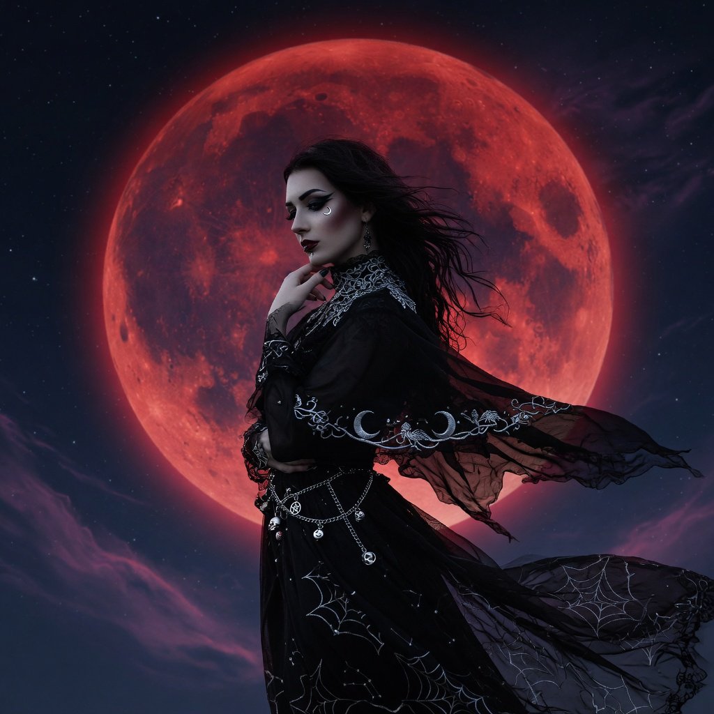 Captivating gothic goddess silhouetted against a blood red moon. Long dark hair blowing in a gentle breeze. Dramatic make-up. Ethereal black garment with silver details billowing in the breeze. Pensive expression. — Grok Imagine Image Quality