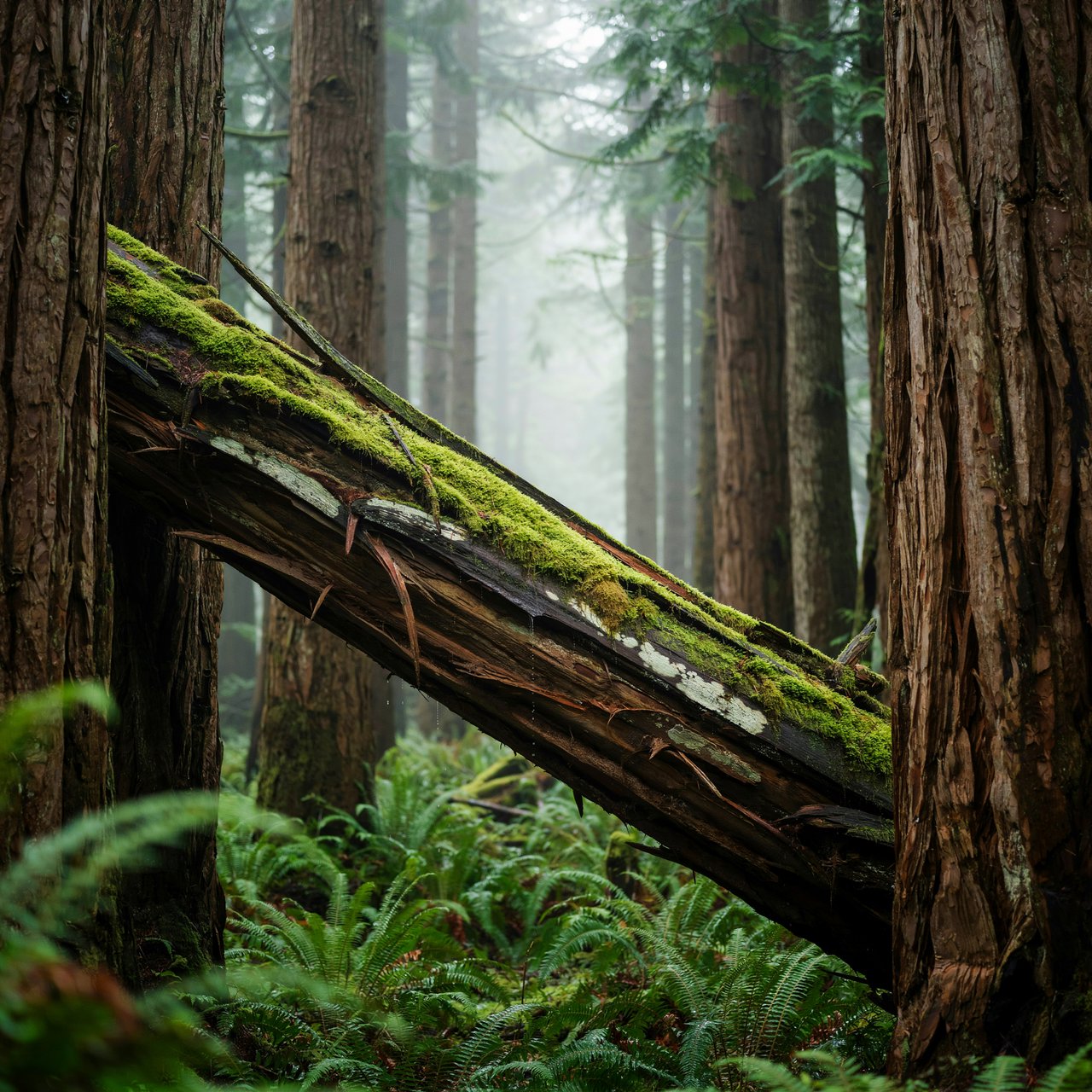 Between cedar trunks, a moss-covered fallen giant bridges a fern-filled ravine in steady dawn drizzle; shredded bark, rain-dark lichen, and tiny rivulets stand crisp nearby while successive trees dissolve into green mist. — Ideogram v4