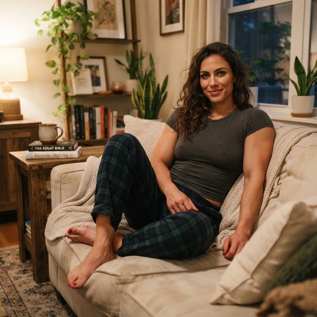A 28-year-old, 6-foot-tall woman with wavy brunette hair falling just past her shoulders, olive skin, an oval face with soft angular cheekbones, and striking deep green eyes. She has a hyper-muscular, athletic physique built from intense heavy weightlifting and CrossFit — broad shoulders, defined arms, a strong back, and visible core and leg muscle definition — giving her a powerful, statuesque build. Her expression is relaxed and at ease. She lounges comfortably on a couch in her living room, wearing a soft fitted t-shirt and plaid pajama pants, barefoot with red-painted toenails. Warm evening lamp light, cozy lived-in living room background with a throw blanket and a few books on a side table, soft natural shadows, skin texture. — Nano Banana 2 Lite