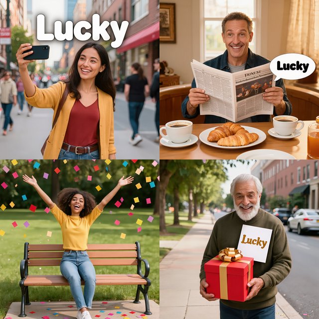 4–6 realistic scenes of people having the luckiest day of their lives. The word “Lucky” should appear at least twice in the image, and seem totally in place and seamless. The whole vibe is pretty much lucky moments that were unexpected but very welcome. — Kling v3