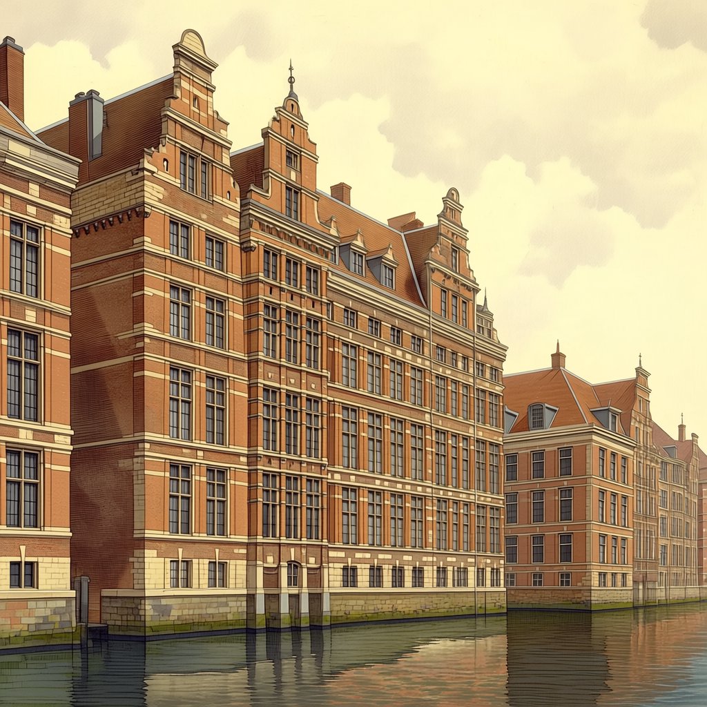 Exterior of a Dutch Renaissance canal-side archive, with warm red brick, pale stone bands, stepped gables, and tall sash windows; soft overcast light reveals the masonry, viewed from the opposite quay, with convincing structure and precise architectural lines. — Midjourney Niji 7