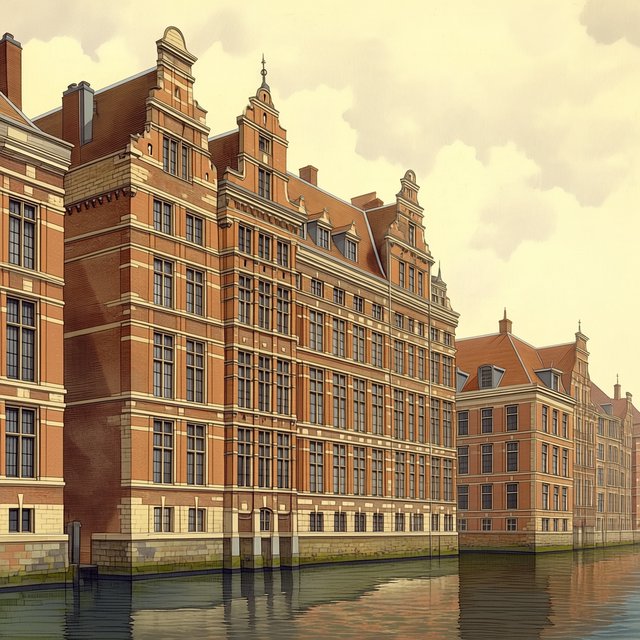 Exterior of a Dutch Renaissance canal-side archive, with warm red brick, pale stone bands, stepped gables, and tall sash windows; soft overcast light reveals the masonry, viewed from the opposite quay, with convincing structure and precise architectural lines. — Midjourney Niji 7