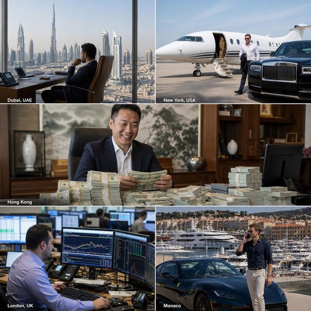 An image about people making a lot of money around the world, shown in 4–6 scenes. Realistic image. — GPT Image 2