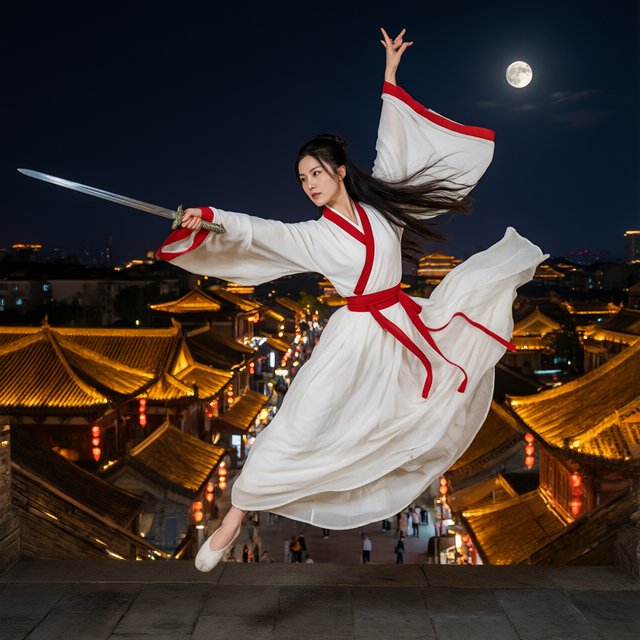 Elegant young adult Chinese female dancer performing a sword dance on a rooftop in ancient China at night, wearing flowing hanfu in primary white with secondary red accents. She leaps high in midair with her body arched backward, sword arm thrust forward, while her other arm rises gracefully above her with the hand forming delicate orchid fingers. Frontal three-quarter view, long black hair and sleeves flowing, expressive elegant pose, lantern-lit ancient city below, glowing rooftops and streets, romantic moonlit atmosphere. — Qwen Image 3.0