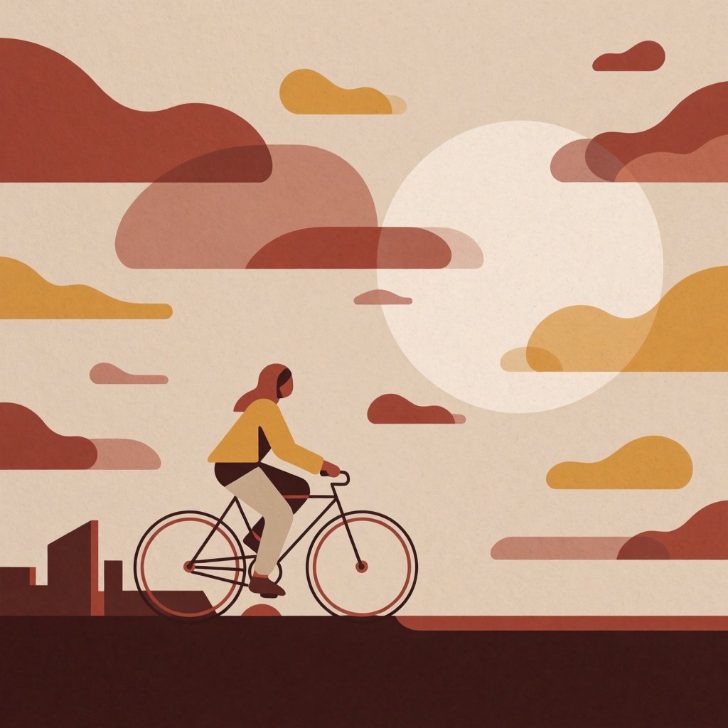 Flat vector illustration of a cyclist commuting through a city at sunrise, limited palette of five colours, geometric shapes. — Krea 2 Medium