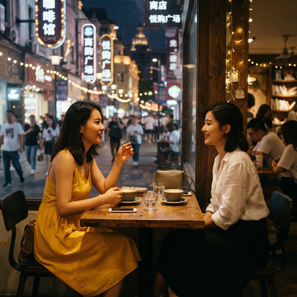 A cozy nighttime café scene featuring two young adult Chinese women seated at a table by a window. One wears a yellow dress, and the other, seated opposite her, wears a white blouse and black skirt. They are chatting warmly with each other, with two cups of coffee on the table. Outside the window, a lively shopping street glows with evening lights, creating a relaxed, intimate, and cinematic atmosphere. — Nano Banana 2 Lite