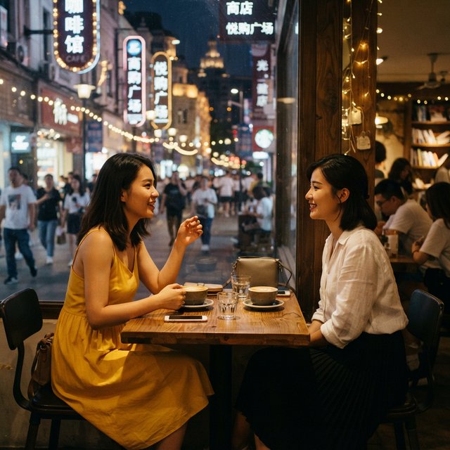 A cozy nighttime café scene featuring two young adult Chinese women seated at a table by a window. One wears a yellow dress, and the other, seated opposite her, wears a white blouse and black skirt. They are chatting warmly with each other, with two cups of coffee on the table. Outside the window, a lively shopping street glows with evening lights, creating a relaxed, intimate, and cinematic atmosphere. — Nano Banana 2 Lite