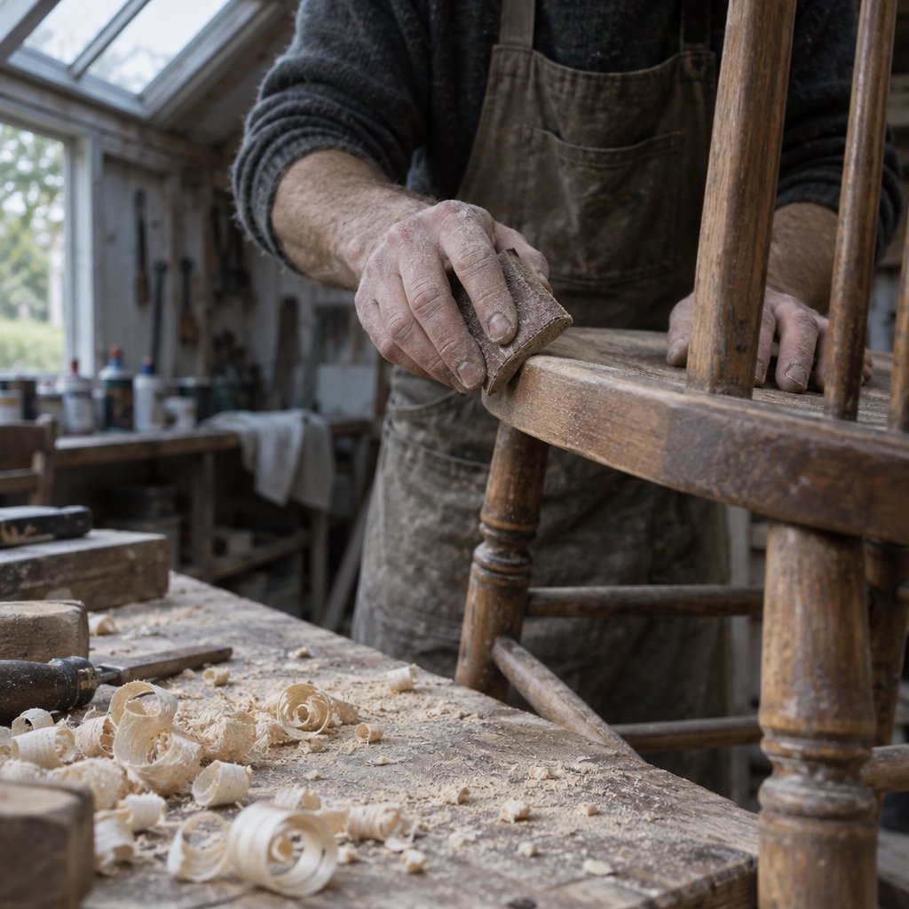 Fine curls gather beneath adult hands sanding the edge of a wooden chair in a quiet repair shed. A real-world workshop snapshot in cool skylight, using a normal lens at shallow depth of field, catches pale sawdust clinging to the knuckles. — GPT Image 2.5 Sunburst