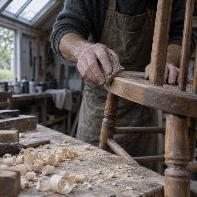 Fine curls gather beneath adult hands sanding the edge of a wooden chair in a quiet repair shed. A real-world workshop snapshot in cool skylight, using a normal lens at shallow depth of field, catches pale sawdust clinging to the knuckles. — GPT Image 2.5 Sunburst