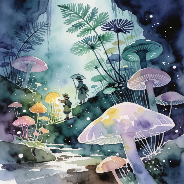 Watercolour illustration of an adult botanist studying luminous fungi in a misty cave, with fern fronds, glistening stone and drifting spores. Palette of jade, lilac, amber, and deep indigo, with translucent washes. — Krea 2 Medium