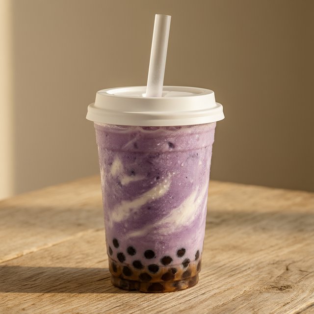 Photorealistic product shot of iced taro bubble tea in a clear frosted plastic cup, condensation beading down curved sides, wide clear straw piercing matte white domed lid. Plump dark brown tapioca pearls settled at the base, swirled creamy purple tea with soft marbled cream streaks, fine ice crystals glinting inside. Resting on weathered light oak table, soft golden hour side lighting casting gentle long shadows, warm neutral beige background. Shallow depth of field, sharp focus on glass texture and pearl details, professional food photography aesthetic, soft moody warm colour palette with rich lavender and caramel tones. — Qwen Image 3.0