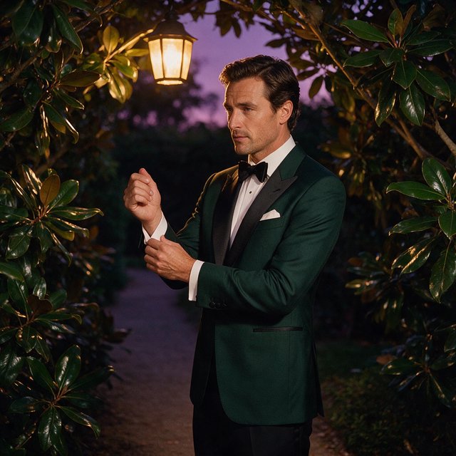 Along a garden path at violet dusk, an adult man in a midnight-green dinner suit adjusts one cuff beneath warm lantern glow, caught in a quiet pre-event pause with glossy leaves and elegant magazine polish. — Seedream 5.0 Pro