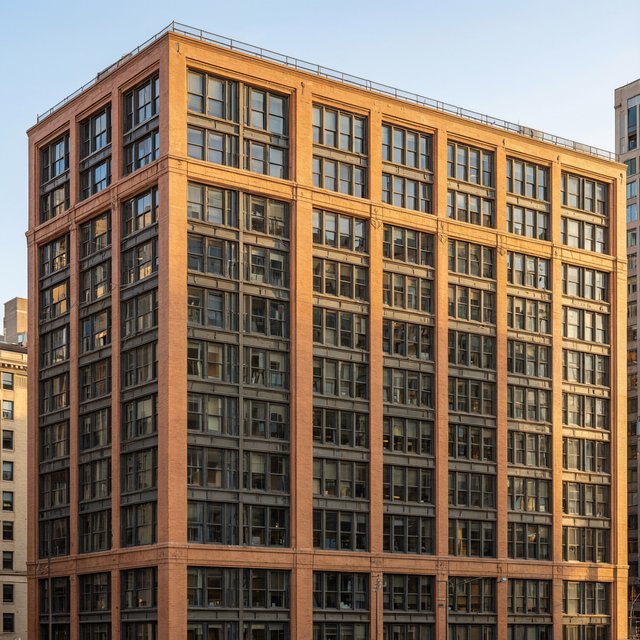 Exterior of a Chicago School office tower, with a visible steel-frame grid, warm terra-cotta cladding, broad rectangular windows, and a flat roofline; clear afternoon light, viewed from across a city street, with precise verticals and believable construction. — Qwen Image 3.0 Pro