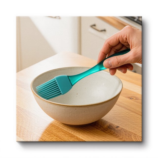 Across a honed maple counter, an adult hand guides an unbranded silicone pastry brush over a ceramic bowl; its ribbed teal handle catches diffused key light and warm bounce against a cream kitchen background, face cropped out, no lettering, commercial product image. — Kling v3 Omni