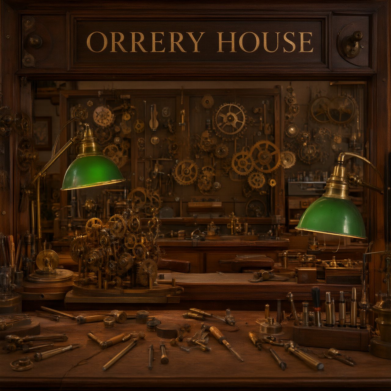 Inside a quiet clockmaker’s workshop, brass gears and tiny tools gleam beneath green-shaded lamps; "ORRERY HOUSE" is engraved in crisp serif letters on a dark walnut sign above the repair counter. — Qwen Image 3.0
