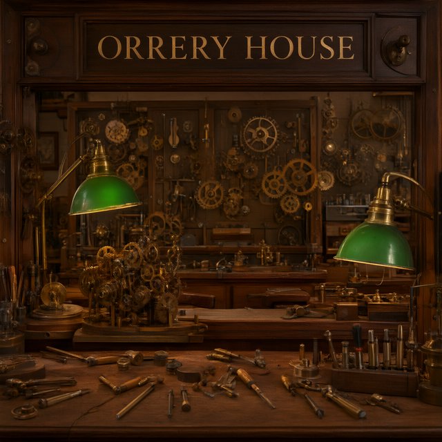 Inside a quiet clockmaker’s workshop, brass gears and tiny tools gleam beneath green-shaded lamps; "ORRERY HOUSE" is engraved in crisp serif letters on a dark walnut sign above the repair counter. — Qwen Image 3.0