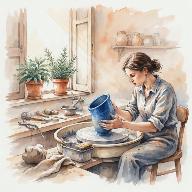Watercolour illustration of an adult ceramicist shaping a luminous blue vessel beside an open workshop window, surrounded by clay tools, potted herbs, and sunlit terracotta walls. Palette of cobalt, ochre, sage, and cream, with soft flowing brushwork. — Ideogram v4